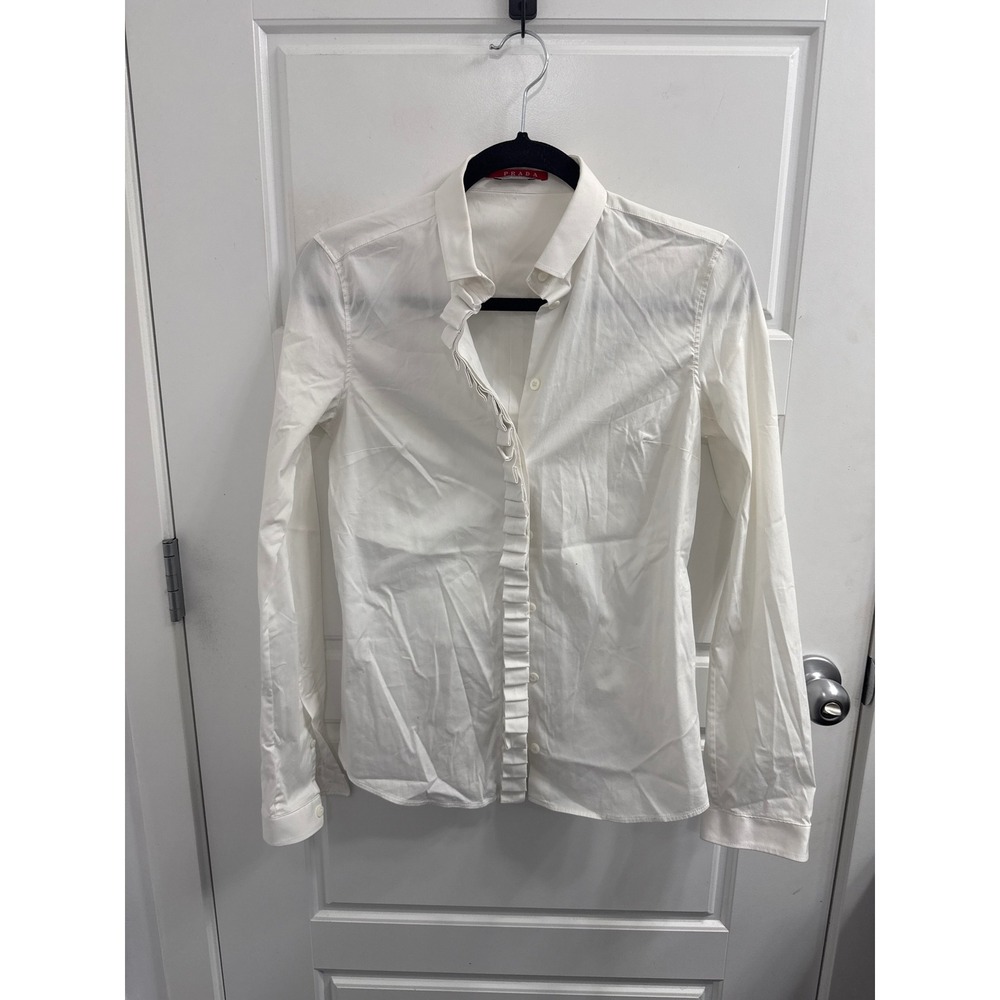 Prada Womens White Ruffle Front Button Up Blouse Shirt Made in Italy Size 40
